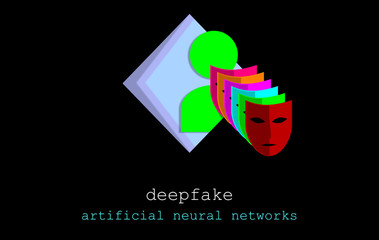 Deep Fake and false, acronym Deepfake, profound learning. Replacing images using artificial neural networks. User icon illustration with various masks. Button on elegant black background. Vanguard.