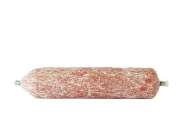 Italian sausage. Tasty dried sausage, close-up, isolated on white background.
