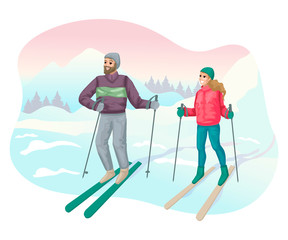 Man and woman skiing in the mountains. Vector illustration concept