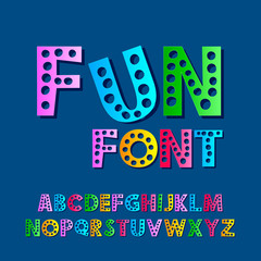 Set of colored funny letters on a Classic blue background. Paper cut alphabet. Cartoon style 