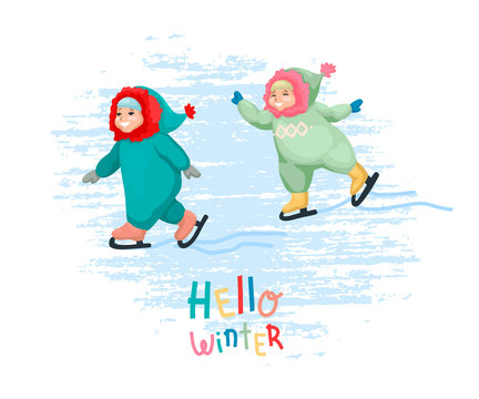 Happy little girl and boy ice skating. Vector illustration