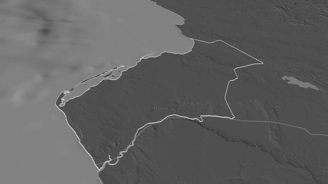 Luanda, province with its capital, zoomed and extruded on the bilevel map of Angola in the conformal Stereographic projection. Animation 3D