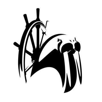 recommend clip art: walrus and ship steering wheel - wild sea animal as ship captain black and white vector portrait