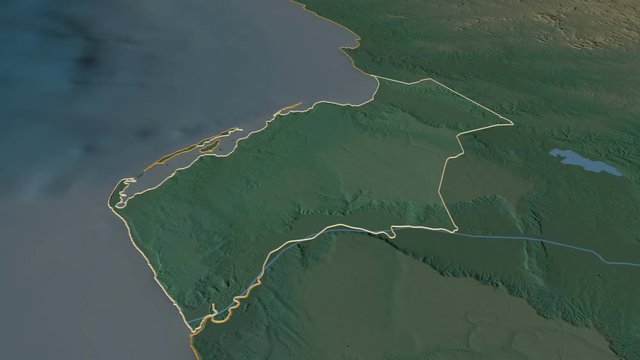 Luanda, province with its capital, zoomed and extruded on the relief map of Angola in the conformal Stereographic projection. Animation 3D