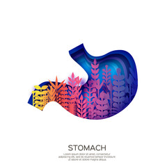 Human Stomach in paper cut style. Purple origami layered organ with colorful leaves on white background.
