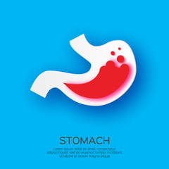 Stomach acid reflux, gastric acid in paper cut style. Water fluid. Indigestion and stomach pain problems. Human organ symbol on blue.