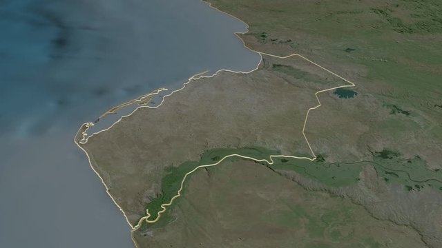 Luanda, province with its capital, zoomed and extruded on the satellite map of Angola in the conformal Stereographic projection. Animation 3D
