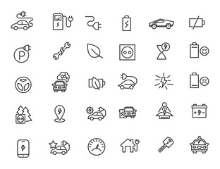 Set of linear electric car icons. Chrager station icons in simple design. Vector illustration