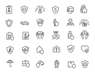 Set of linear insurance icons. Finance protection icons in simple design. Vector illustration