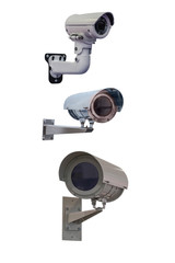 Three modern video cameras to track the situation at the object on a white background. Vertically