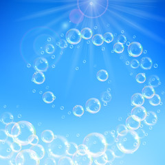 Realistic transparent floating soap bubbles with rainbow reflection. Design element for advertising booklet, flyer or poster