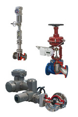 three modern shut-off valves with automatic control for gas pipeline isolated on a white background. Transverse section