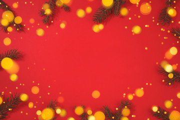 Christmas background with fir tree and sparkle bokeh lights