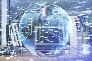 Multi exposure of business theme icons and work space with computer background. Concept of success.