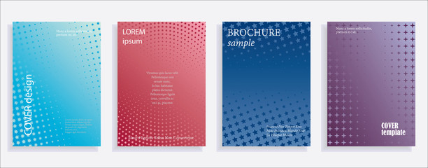 Minimalistic cover design templates. Set of layouts for covers of books, albums, notebooks, reports, magazines. Star halftone gradient effect, flat modern abstract design. Geometric mock-up texture