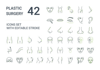 Plastic surgery icons set. Medical icons in modern flat minimalistic line style with editable stroke.