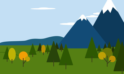 Vector illustration in a flat style. Landscape with mountains, trees with space for text. 