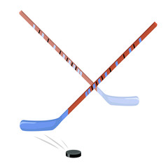 Hockey sticks, red-blue, and black puck. Sports equipment. Vector Isolated Objects