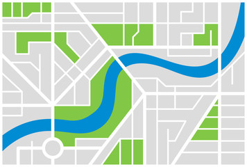 Generic imaginary city street map plan with river. Vector colorful town eps illustration schema