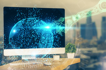 Technology theme drawing and table with computer. Multi exposure. Concept of information.