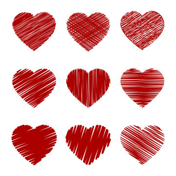 Vector hearts Doodle hatching isolated on white background