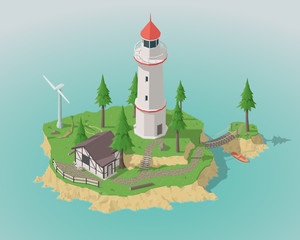 Isometric island and lighthouse.
