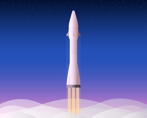 Vector flat illustration with rocket launch on space background with stars.