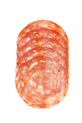 Chorizo sausage slices, Traditional spanish sausage, isolated on white background.