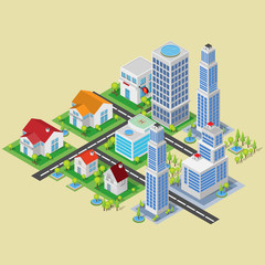 Vector 3d Isometric set plant buildings streets, roads, trees. Urban infrastructure of city metropolis.