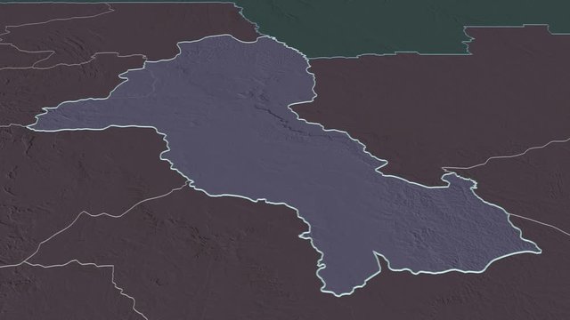Malanje, province with its capital, zoomed and extruded on the administrative map of Angola in the conformal Stereographic projection. Animation 3D