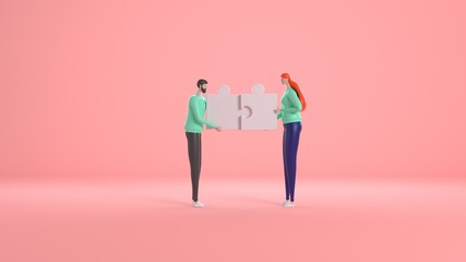 Person people man and woman connect jigsaw business puzzle. Cooperation businessman teamwork team. 3d rendering