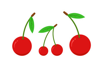 Cherry flat icon set. Fresh sweet natural red berry isolated vector illustration