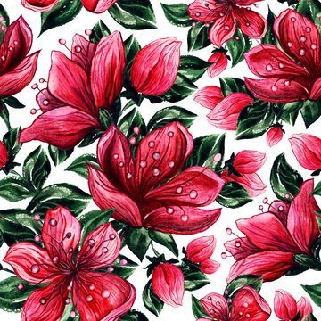 Japanese cherry or red sakura. Pink floral drawings. Seamless Watercolor Pattern for fabric textile design or wallpapers. Romantic Floral Pattern