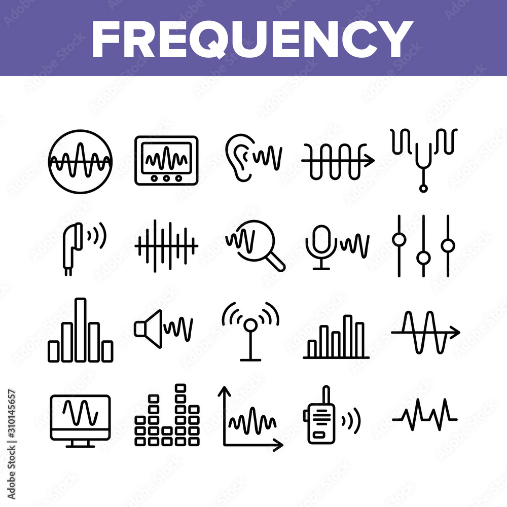 Poster frequency pulse wave collection icons set vector thin line. microphone and ear, radio and dynamic wi