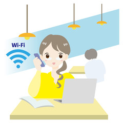 シェアオフィス　コワーキングスペース　会社　働く　携帯電話　女性　Wi-Fi