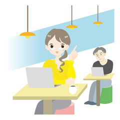 シェアオフィス　コワーキングスペース　会社　働く　女性　指差す