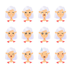 Set of caucasian female emotional characters. Cartoon style people emoticon icons. Holiday elderly  guys avatars. Flat illustration women faces. Hand drawn vector drawing emoji portraits
