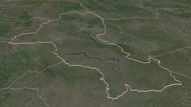 Malanje, province with its capital, zoomed and extruded on the satellite map of Angola in the conformal Stereographic projection. Animation 3D