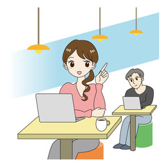 シェアオフィス　コワーキングスペース　会社　働く　女性　指差す　Wi-Fi