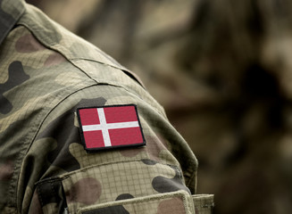 Flag of Denmark on military uniform. Army, armed forces, soldiers. Collage.