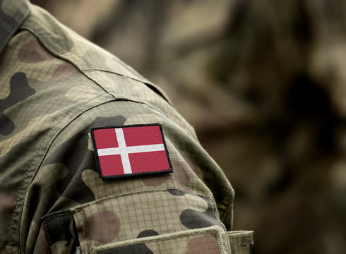 Flag of Denmark on military uniform. Army, armed forces, soldiers. Collage.