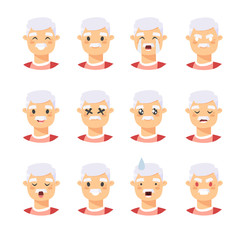 Set of caucasian male emotional characters. Cartoon style people emoticon icons. Holiday elderly  guys avatars. Flat illustration men faces. Hand drawn vector drawing emoji portraits
