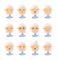 Set of asian female emotional characters. Cartoon style people emoticon icons. Holiday elderly  guys avatars. Flat illustration women faces. Hand drawn vector drawing emoji portraits