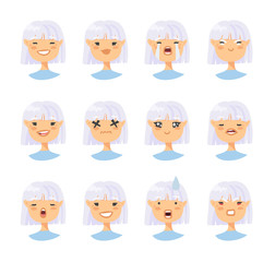 Set of asian female emotional characters. Cartoon style people emoticon icons. Holiday elderly  guys avatars. Flat illustration women faces. Hand drawn vector drawing emoji portraits