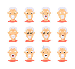 Set of asian male emotional characters. Cartoon style people emoticon icons. Holiday elderly  guys avatars. Flat illustration men faces. Hand drawn vector drawing emoji portraits