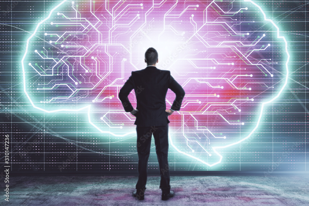 Aufkleber man and brain icon hologram. double exposure. concept of data development