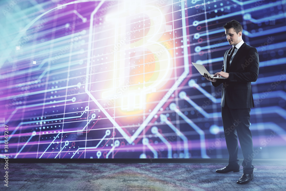 Poster man and blockchain theme hologram. multi exposure. concept of cryptocurrency