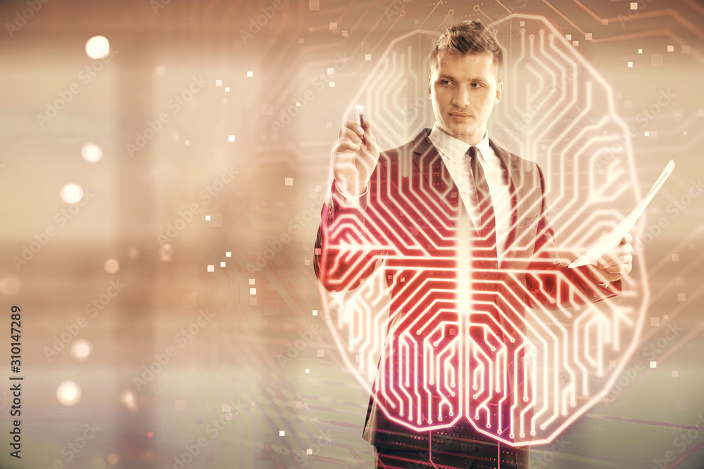 Aufkleber man and brain icon hologram. double exposure. concept of data development