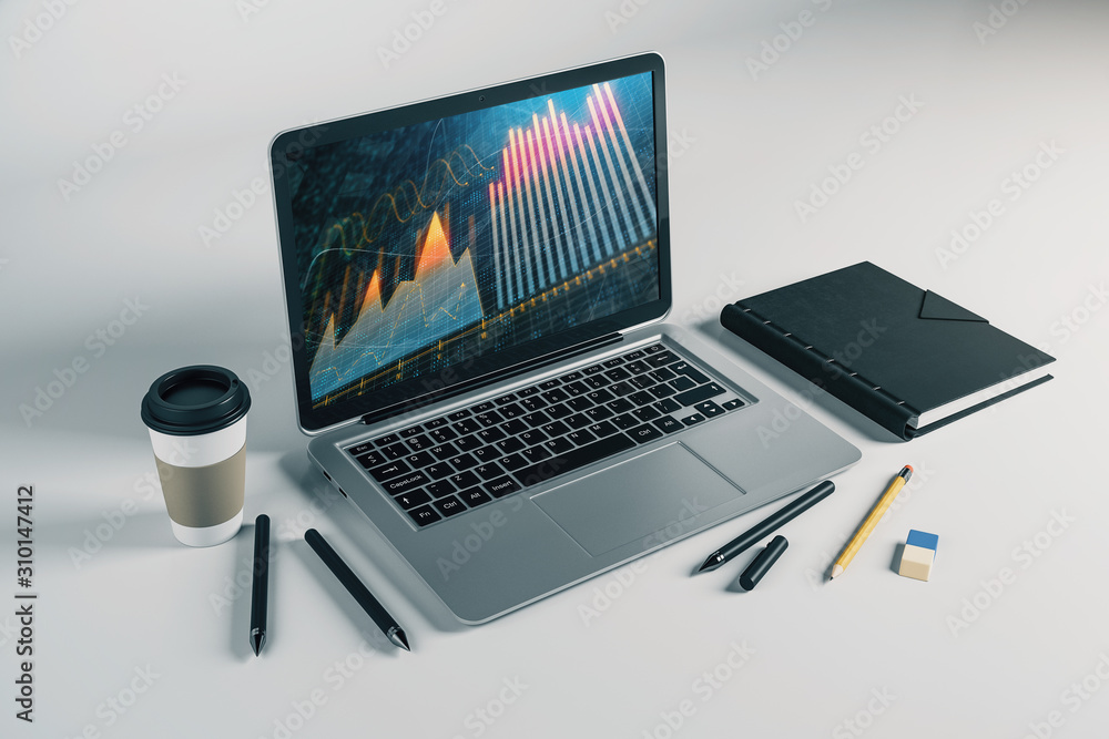 Aufkleber laptop closeup with forex graph on computer screen. financial trading and education concept. 3d rend