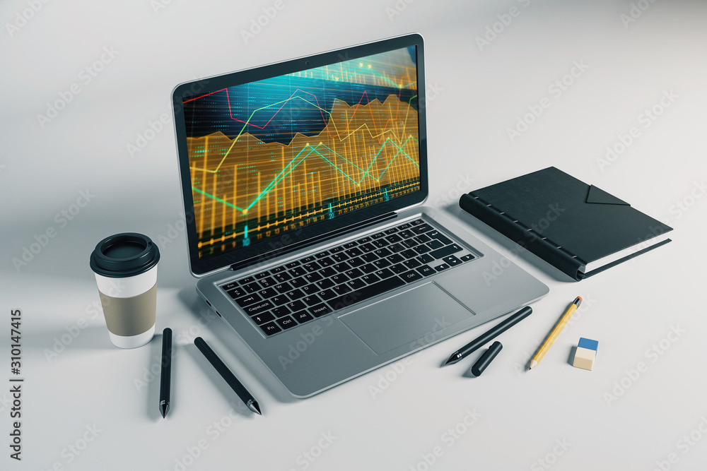 Poster laptop closeup with forex graph on computer screen. financial trading and education concept. 3d rend